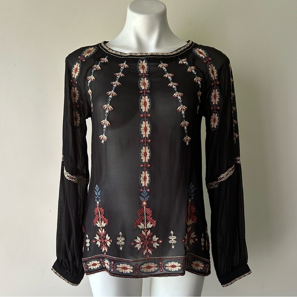 Sundance Mythical Spirit Silk Floral Embroidered Top in Black XS - Picture 4 of 9
